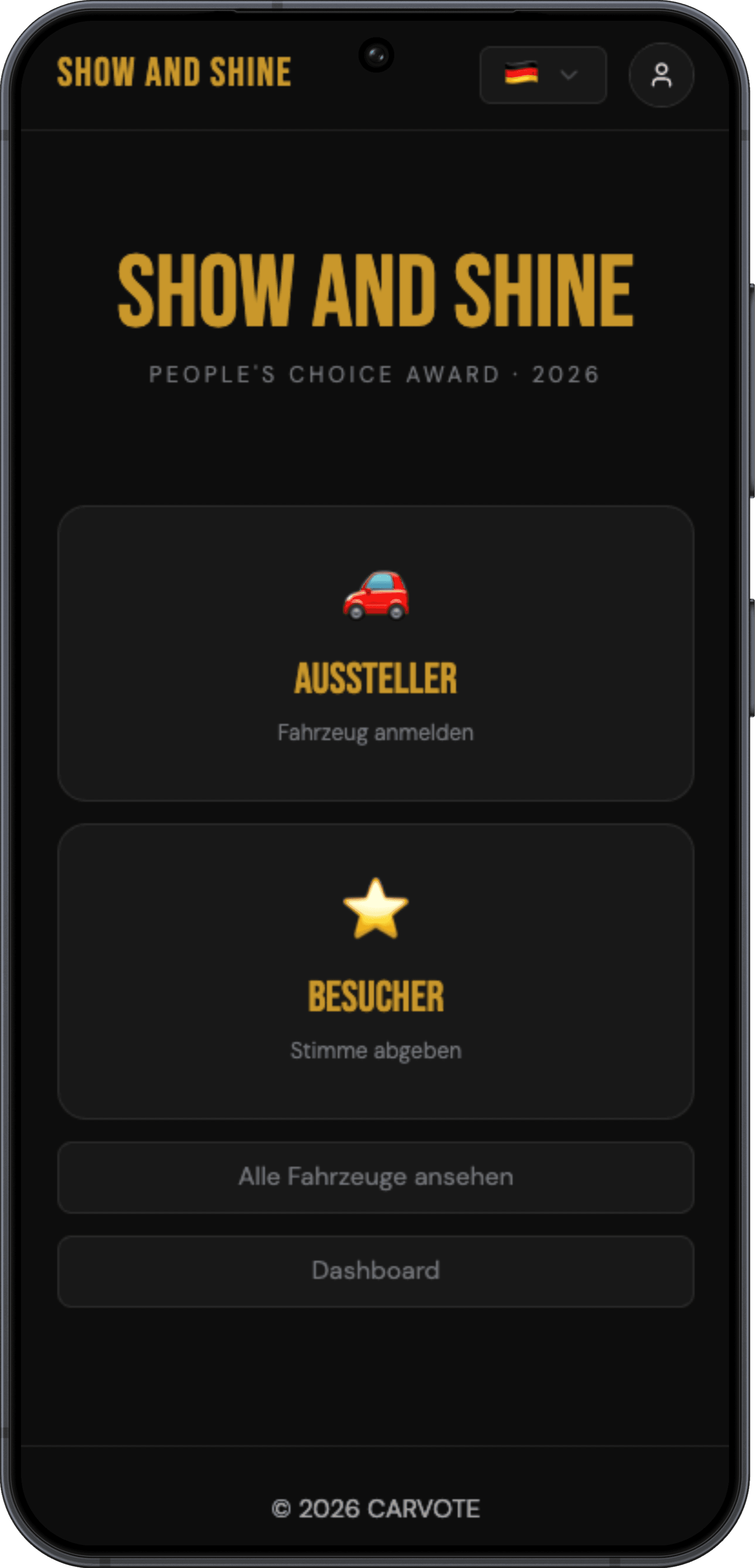 Event-Startseite einer Show in CARVOTE